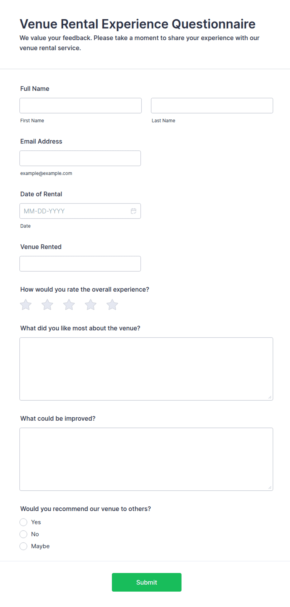Venue Rental Experience Questionnaire Form Template | Jotform