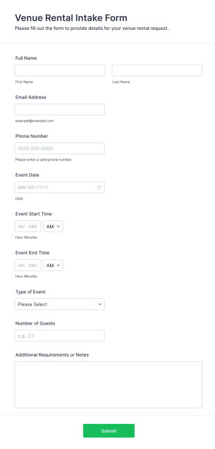Venue Rental Intake Form Form Template