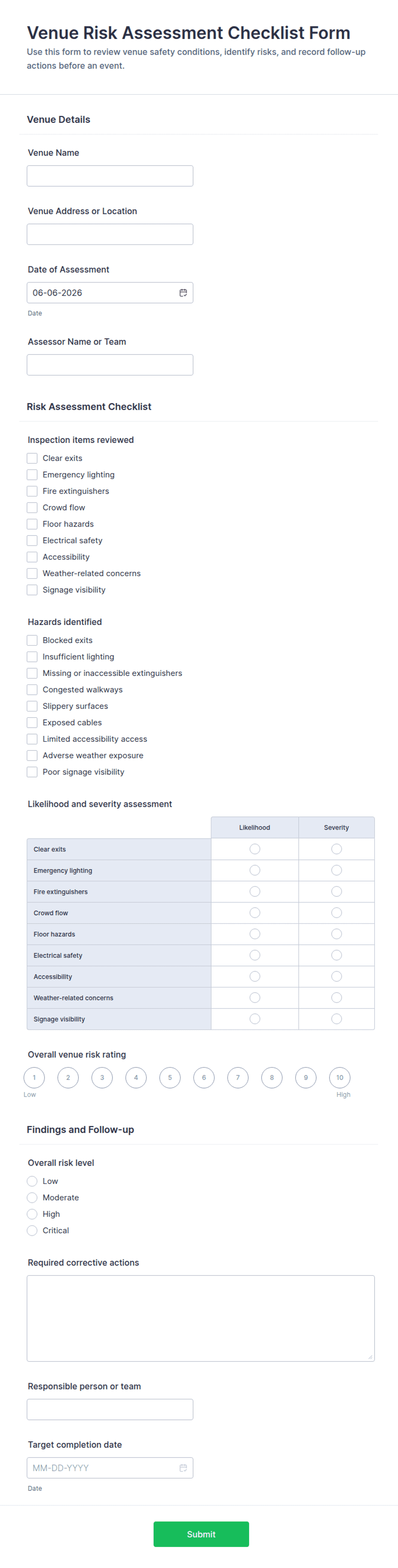 Venue Risk Assessment Checklist Form Template | Jotform