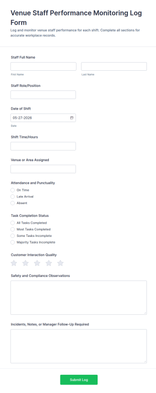 Venue Staff Performance Monitoring Log Form Template