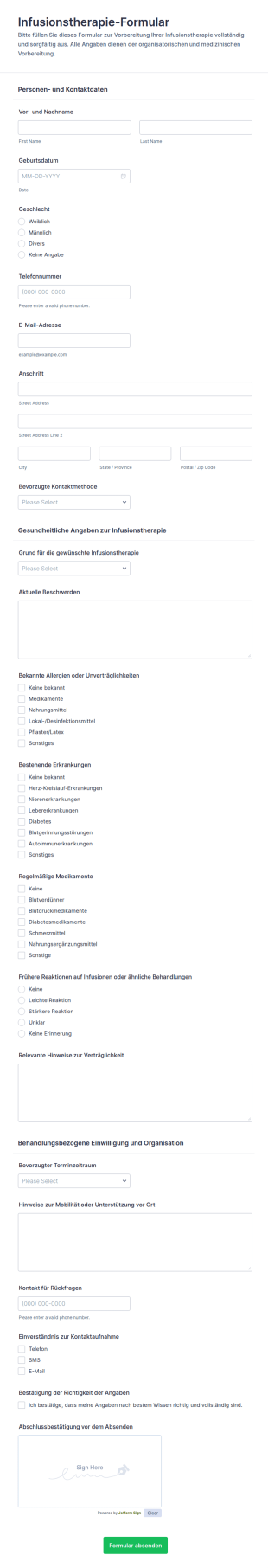 Verabreichungs Und Behandlungsformular Für Intravenöse Therapien
