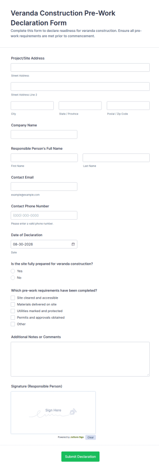 Veranda Construction Pre Work Declaration Form Template