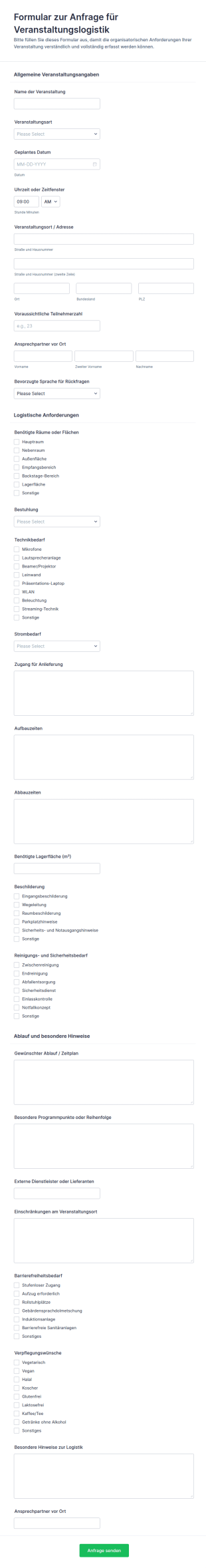 Veranstaltungslogistik Anfrageformular