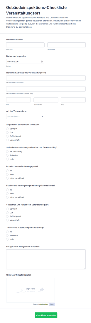 Veranstaltungsort Inspektionscheckliste Formular