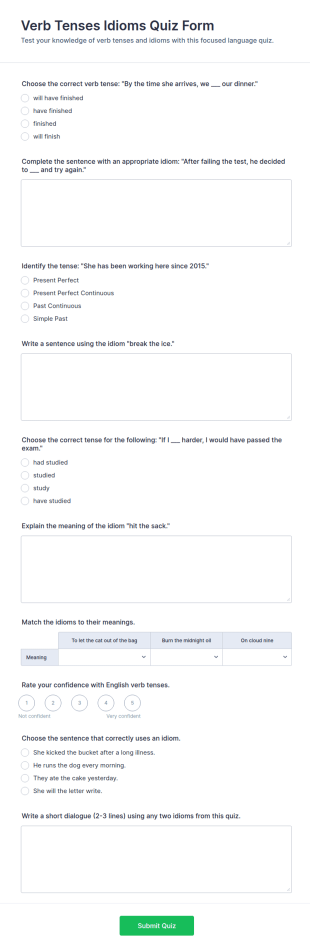 Verb Tenses And Idioms Quiz Form Template