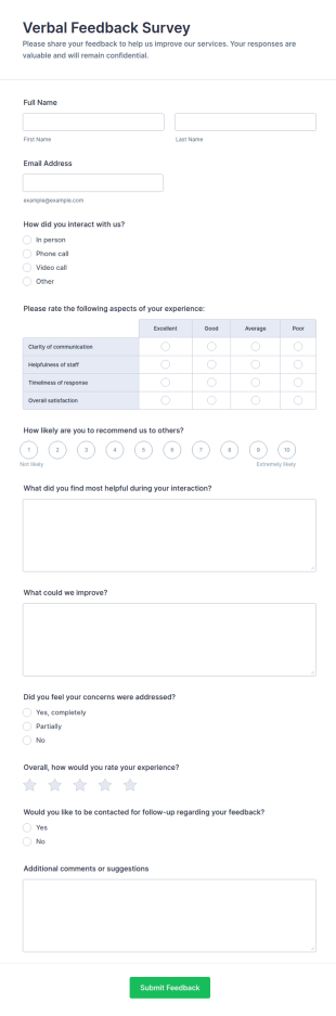 Verbal Feedback Survey Form Template