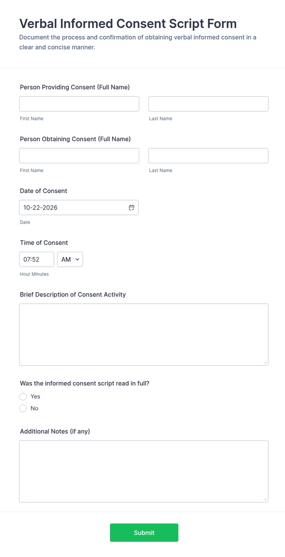 Verbal Informed Consent Script Form Template | Jotform