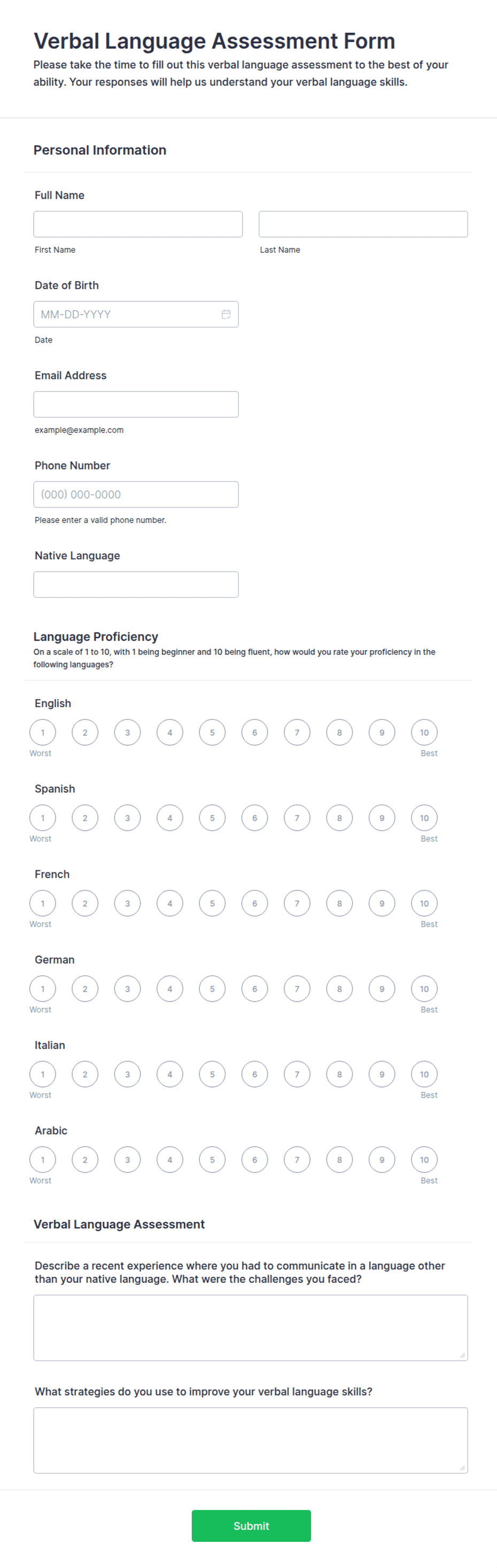 Verbal Language Assessment Form Template | Jotform