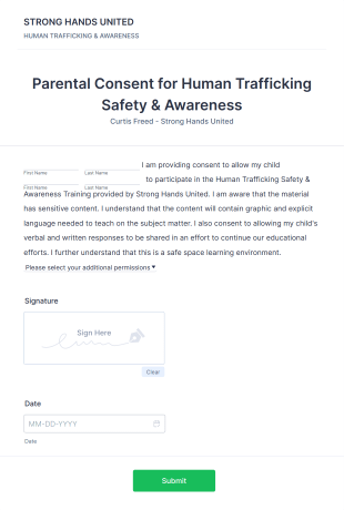 Verbal Parental Consent For HUMAN TRAFFICKING SAFETY & AWARENESS Form Template