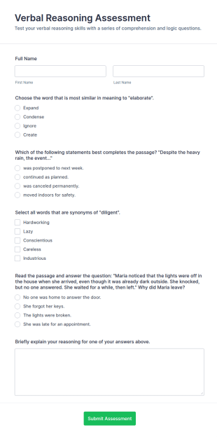 Verbal Reasoning Assessment Form Template