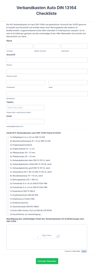 Verbandkasten Auto DIN 13164 Checkliste
