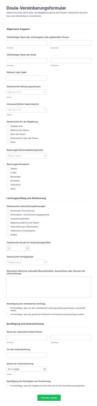 Vereinbarung Für Die Hebammenbetreuung Form