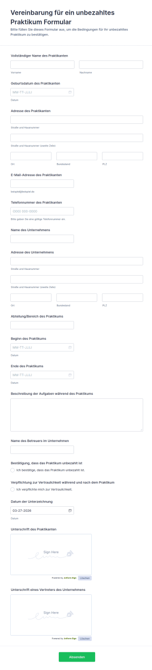 Vereinbarung Für Ein Unbezahltes Praktikum Formular