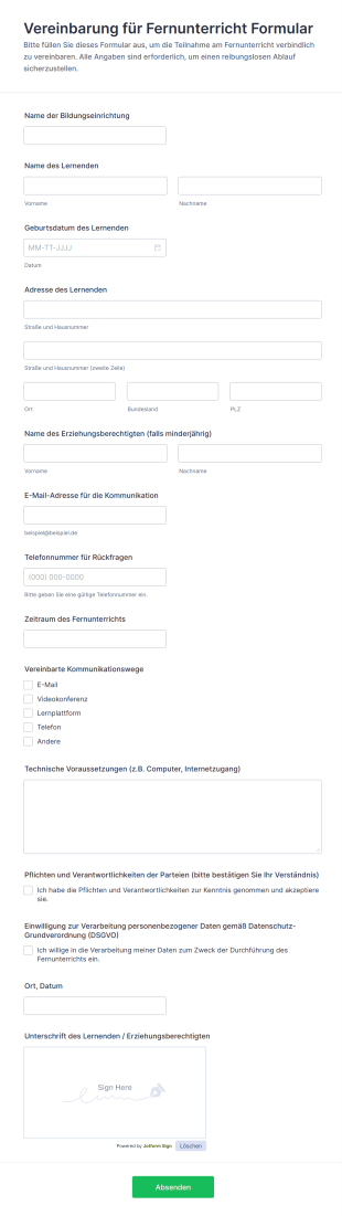 Vereinbarung Für Fernunterricht Formular