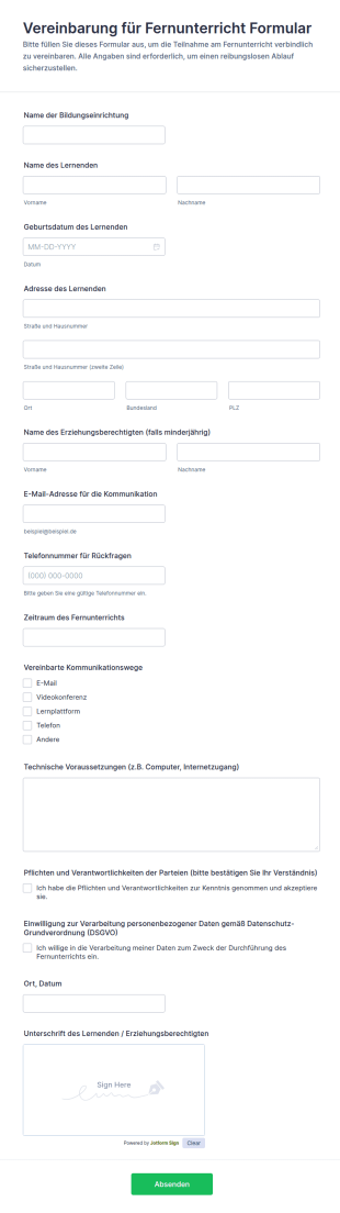 Vereinbarung Für Fernunterricht Formular
