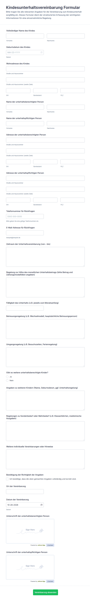 Vereinbarung Zur Kindesunterstützung Form