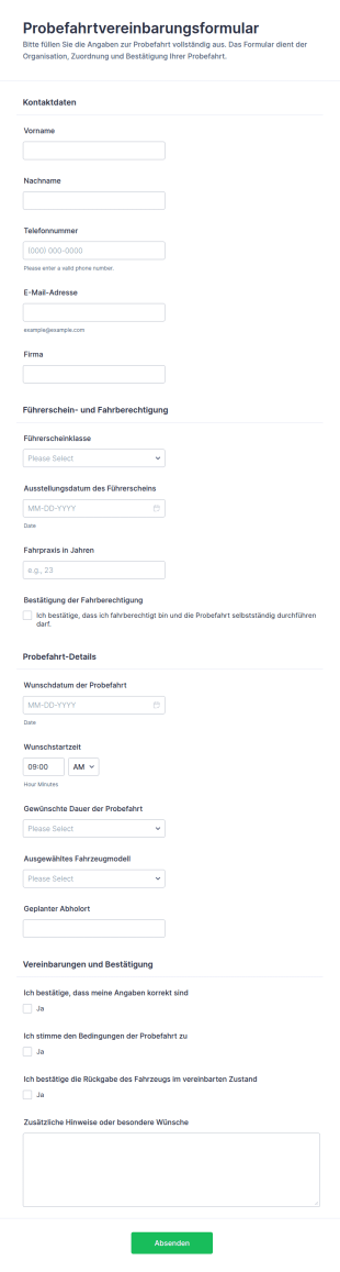 Vereinbarung Zur Probefahrt Mit Fahrzeug Form