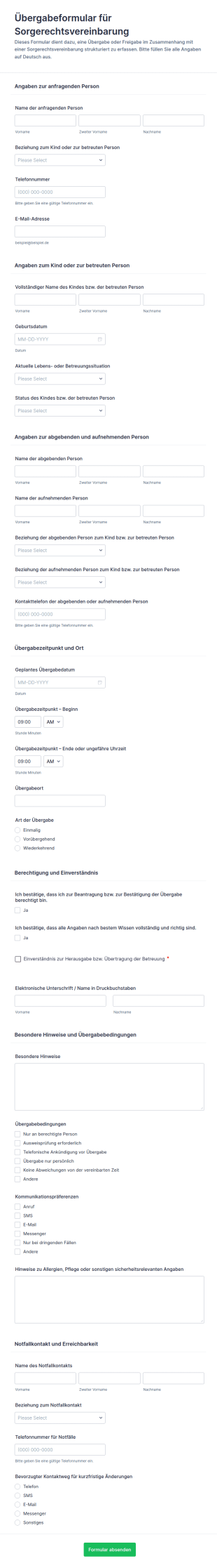 Vereinbarung Zur Sorgerechtsfreigabe Formular