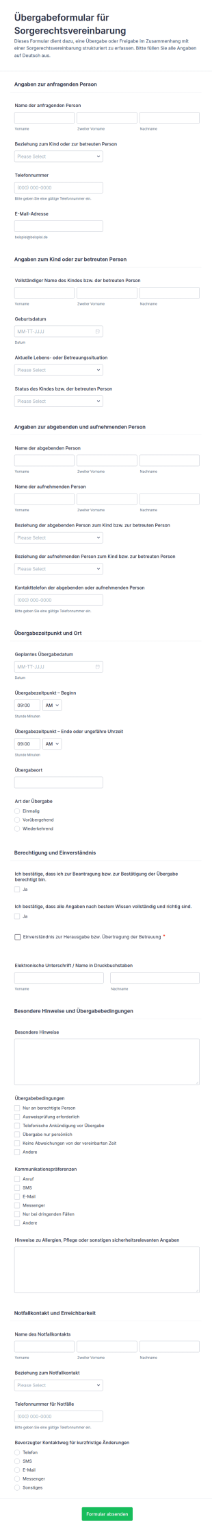 Vereinbarung Zur Sorgerechtsfreigabe Formular