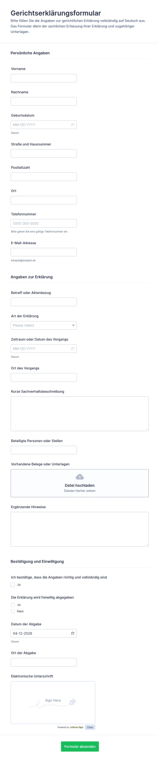 Vereinbarungserklärung Formular