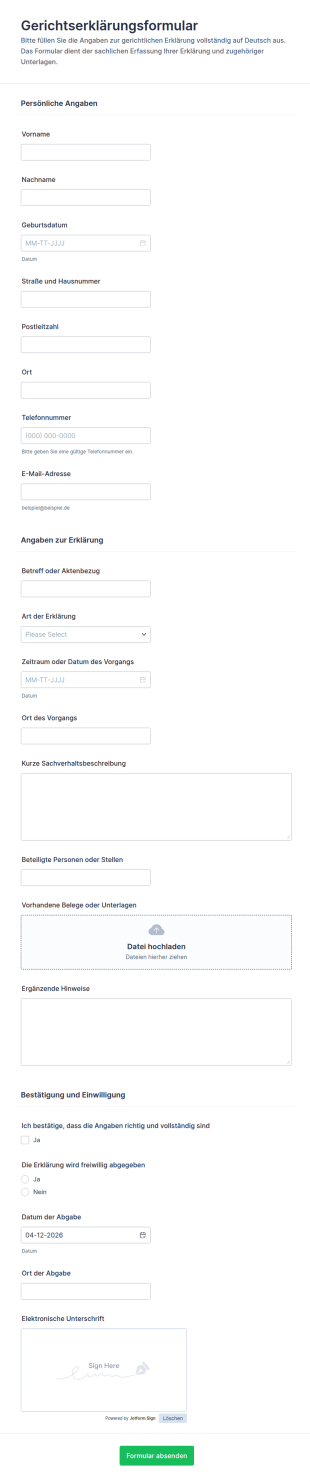 Vereinbarungserklärung Formular