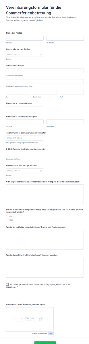 Vereinbarungsformular Für Die Sommerferienbetreuung