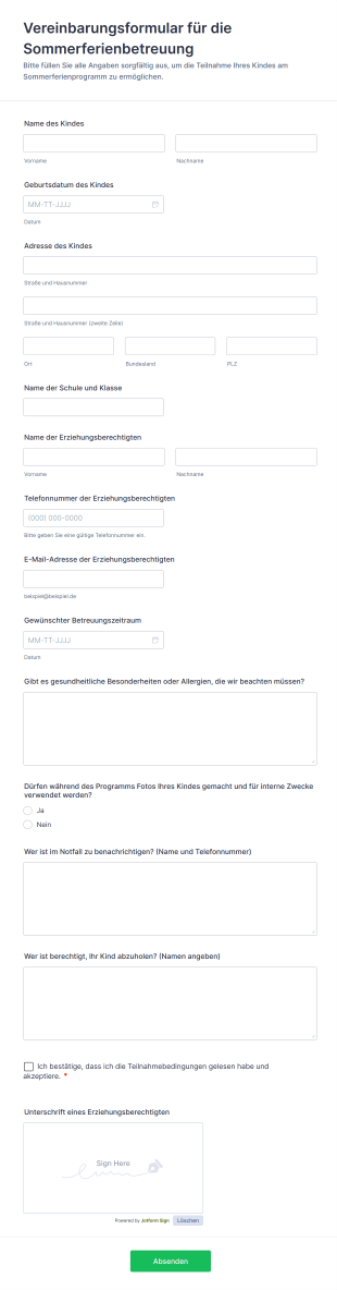 Vereinbarungsformular Für Die Sommerferienbetreuung