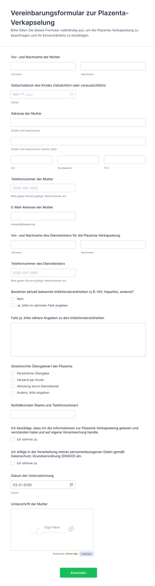 Vereinbarungsformular Zur Plazenta Verkapselung