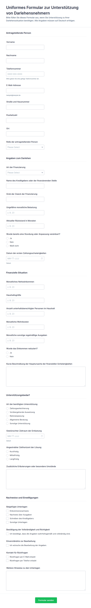 Vereinfachtes Kreditnehmer Hilfsformular