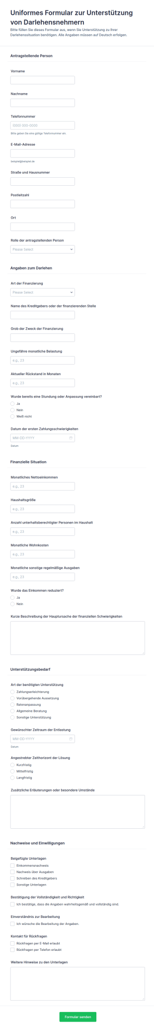 Vereinfachtes Kreditnehmer Hilfsformular