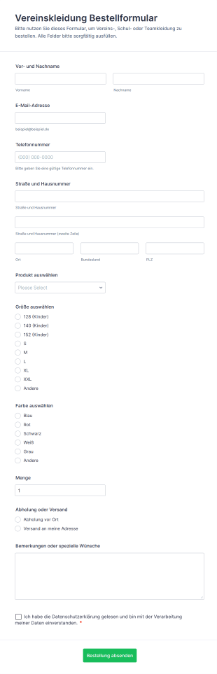 Vereinskleidung Bestellformular