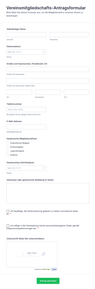 Vereinsmitgliedschafts Antragsformular