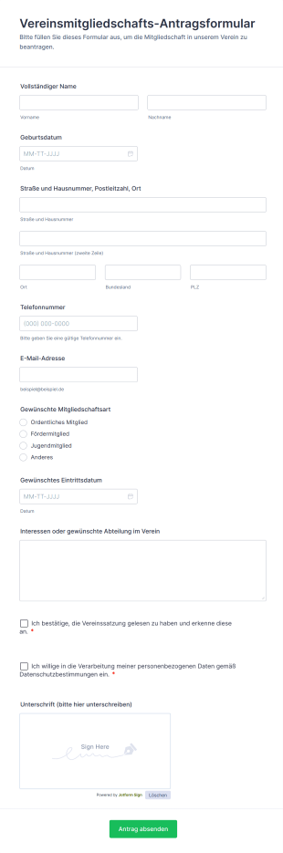 Vereinsmitgliedschafts Antragsformular