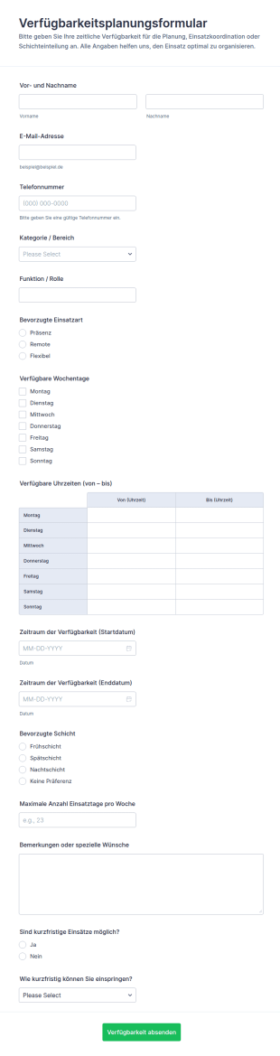 Verfügbarkeitsplan Formular