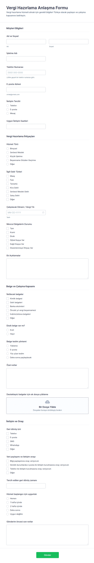 Vergi Hazırlama Anlaşma Form Şablonu