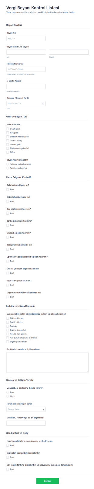 Vergi Beyannamesi Kontrol Listesi Form Şablonu