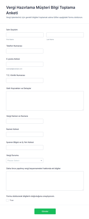 Vergi Hazırlama Müşteri Bilgi Toplama Anketi Form Şablonu
