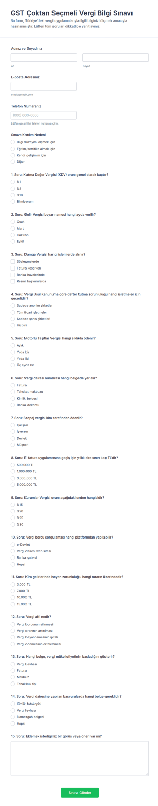 Vergi Uyum Çoktan Seçmeli Quiz Form Şablonu
