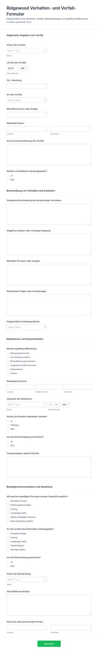 Verhaltens Und Vorfallbericht Formular