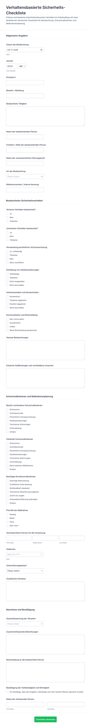 Verhaltensbasierte Sicherheitscheckliste