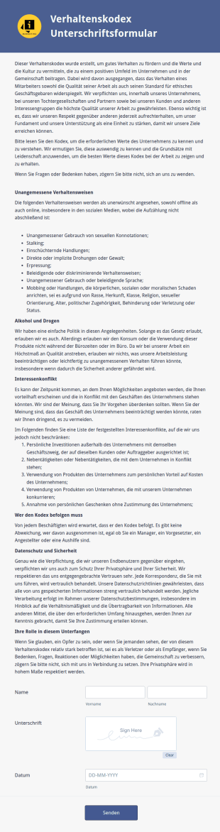 Verhaltenskodex Unterschriftsformular