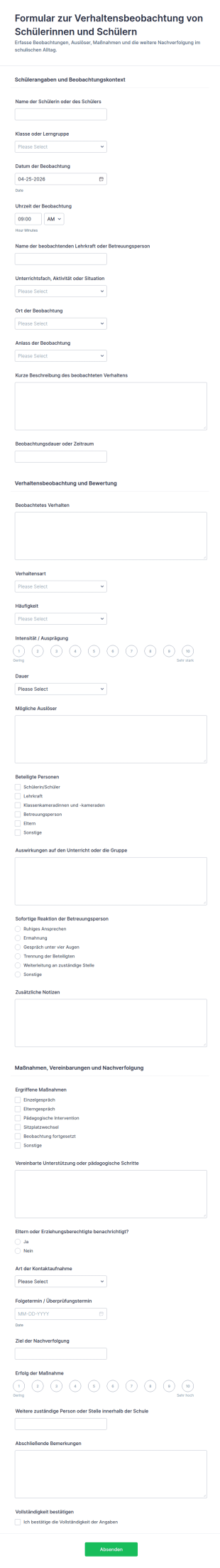 Verhaltensüberwachungsbogen Für Schüler