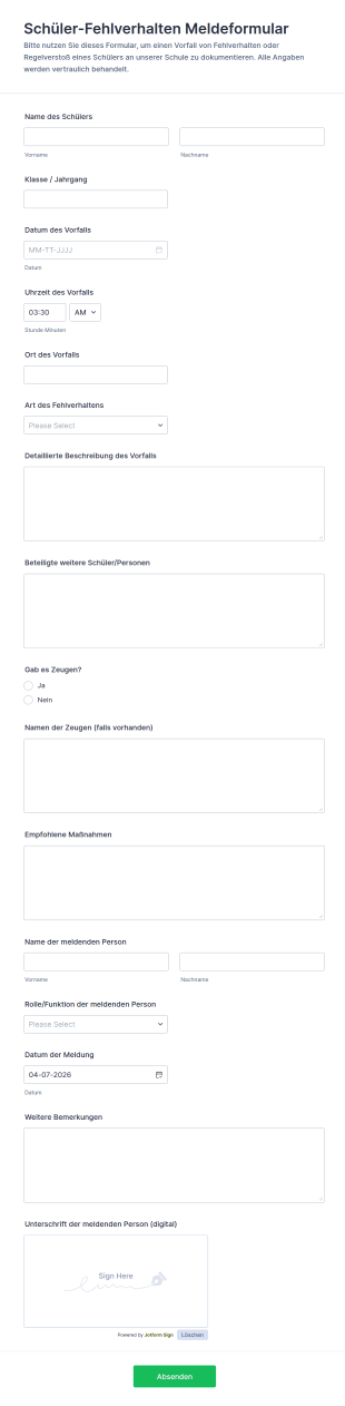 Verhaltensvorfallbericht Für Studierende Formular