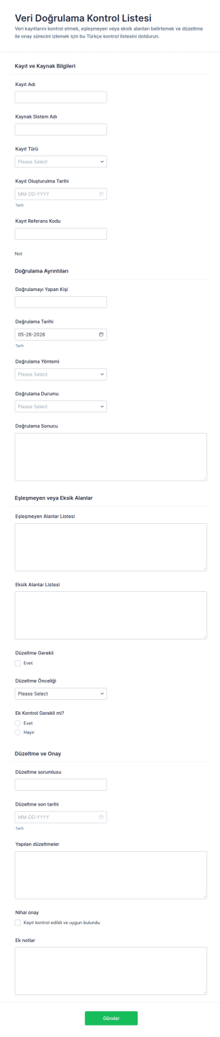 Veri Doğrulama Kontrol Listesi Form Şablonu
