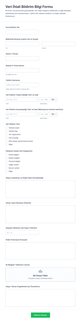 Veri İhlali Bildirim Bilgi Form Şablonu