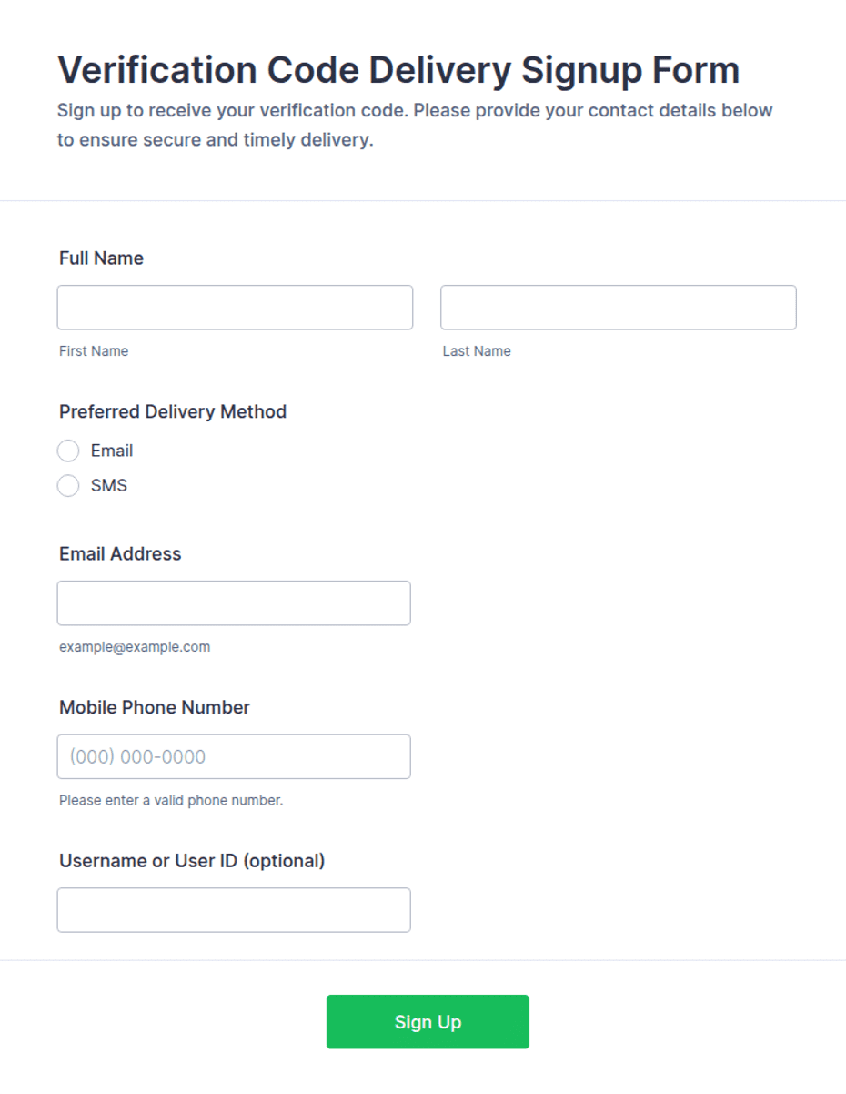 Verification Code Delivery Signup Form Template | Jotform