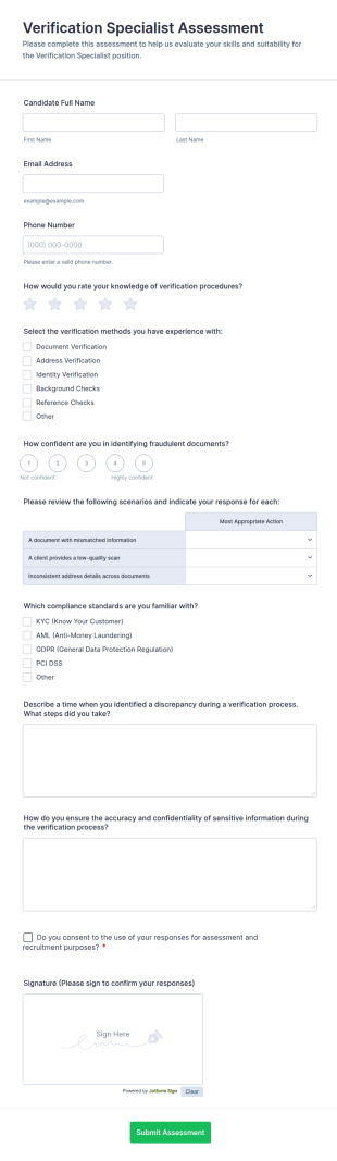 Verification Specialist Assessment Form Template
