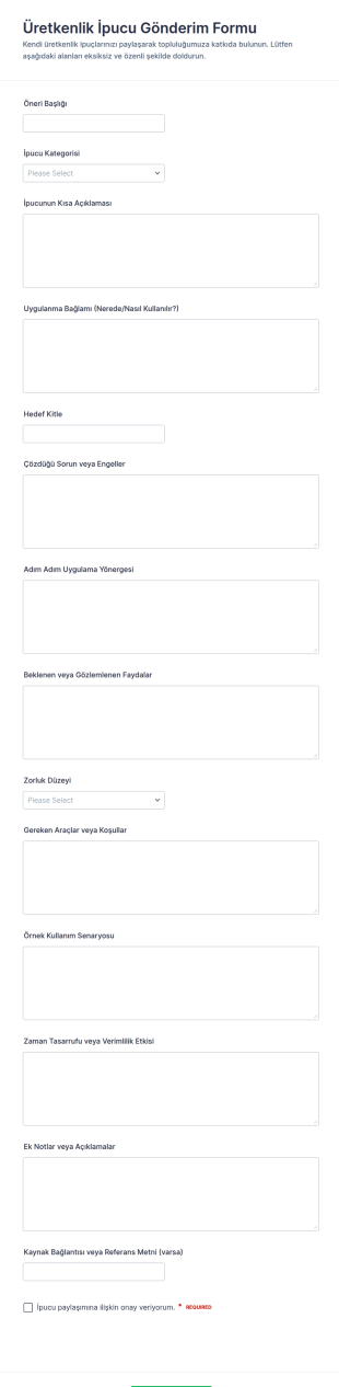 Verimlilik İpucu Gönderim Form Şablonu