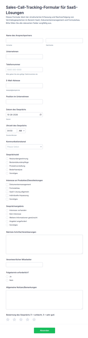 Verkaufsanruf Tracking Formular