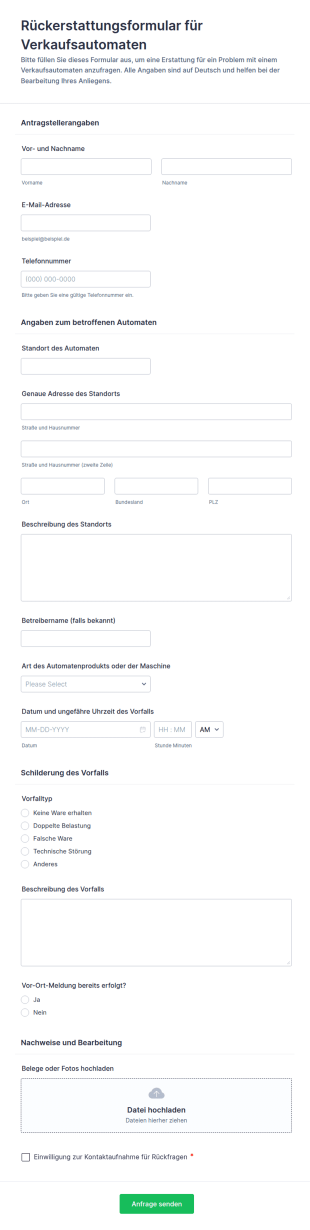 Verkaufsautomaten Rückerstattungsformular